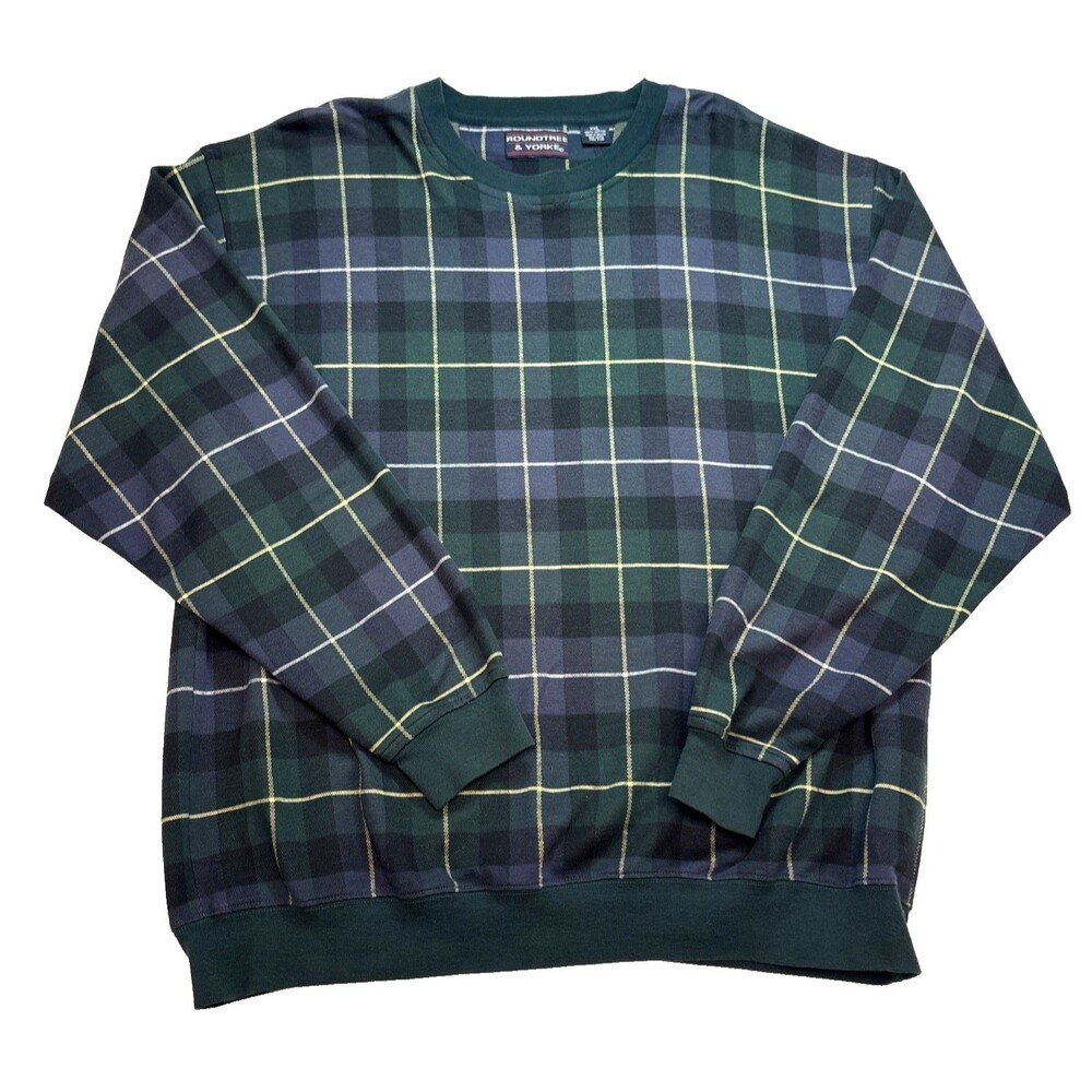 Roundtree & Yorke Sweater Mens XXL Green Navy Plaid Knit Crewneck 100% Cotton